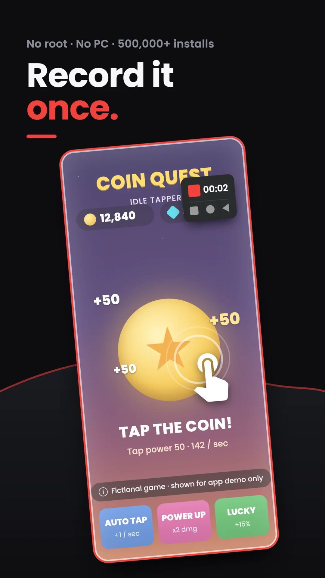 An idle-tapper game screen mid-recording, with the floating record overlay and a 00:02 elapsed timer on top