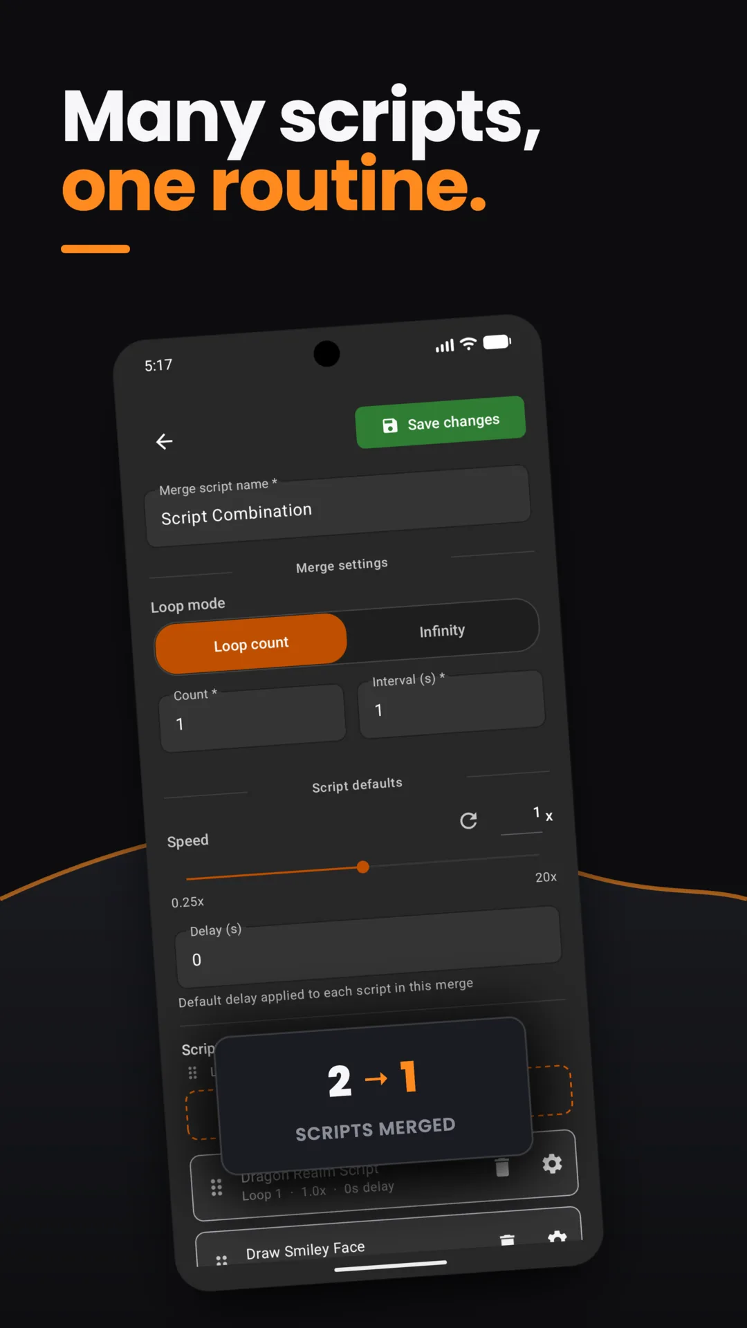Merge editor combining two saved scripts into one routine named Script Combination, with loop mode, per-script speed and delay settings, and a '2 to 1 scripts merged' confirmation callout
