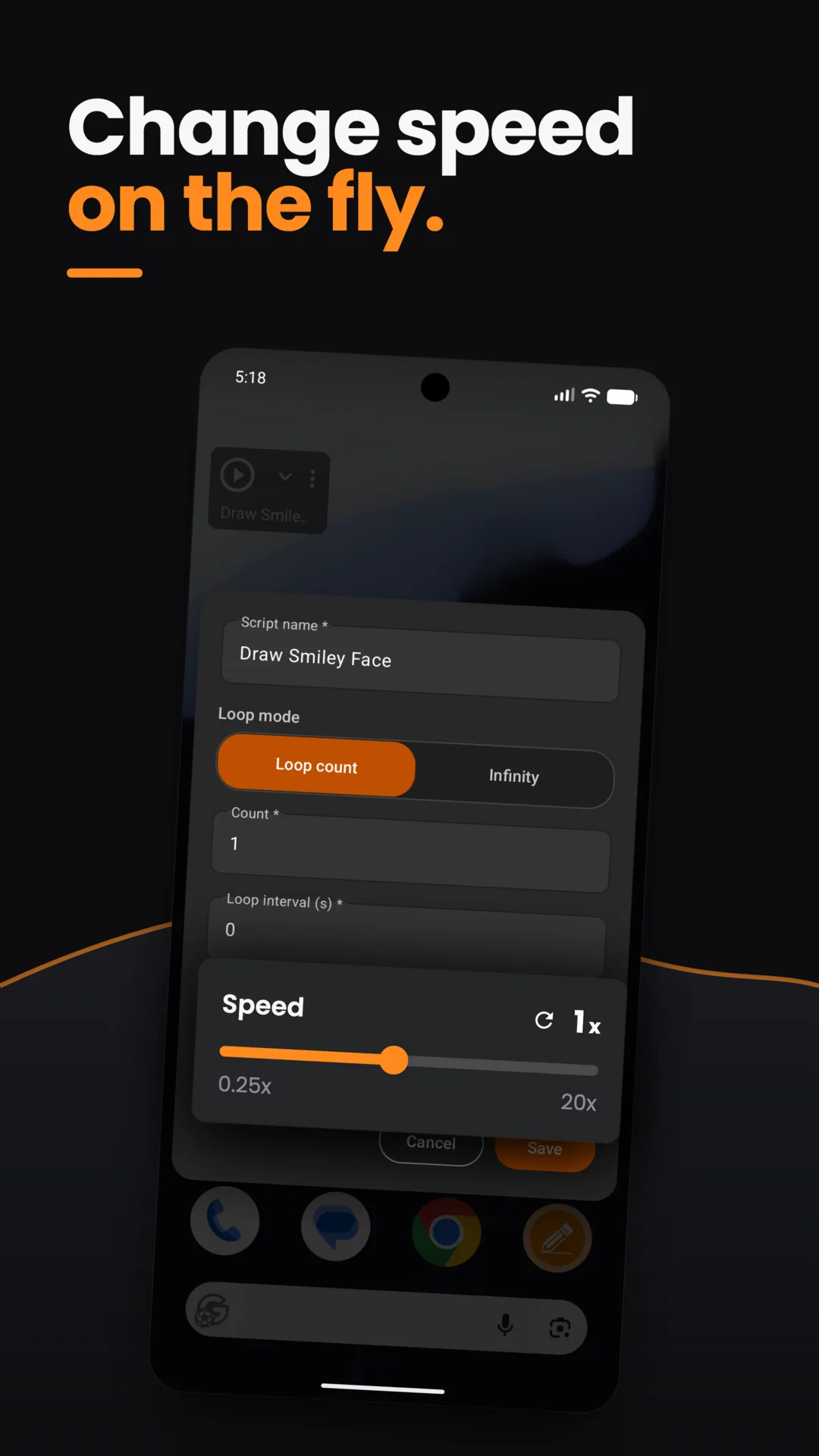 Speed sheet open over a live home screen, showing a playback speed slider set to 1x with a range from 0.25x to 20x