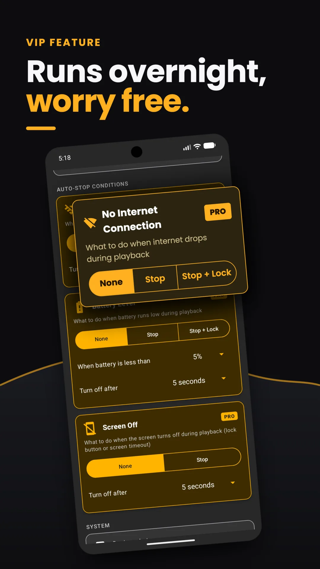 Auto-stop conditions screen listing No Internet Connection, Battery Level, and Screen Off cards, each labeled PRO with None, Stop, and Stop plus Lock options