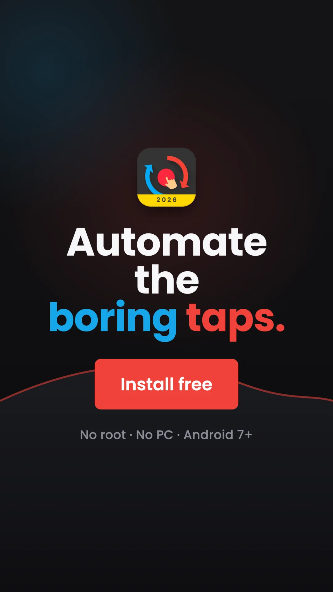Touch Recorder app icon above an Install free button and the line 'No root, No PC, Android 7+'