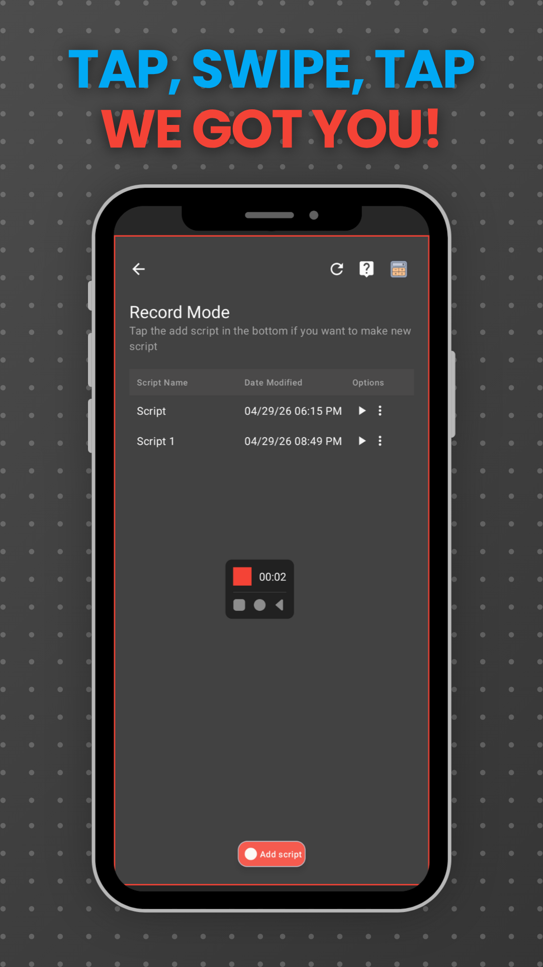 Recording controls and live stats